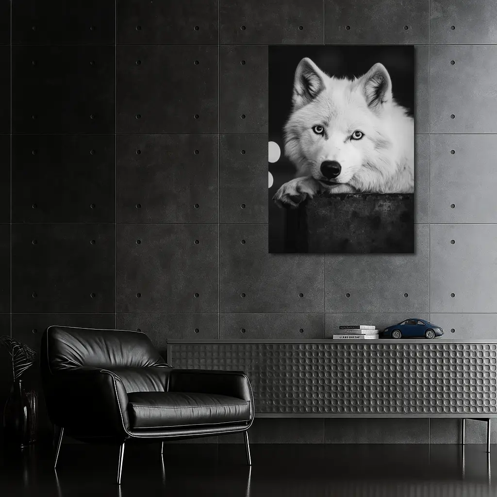 White Wolf Close Up Black White Portrait – Wall Art