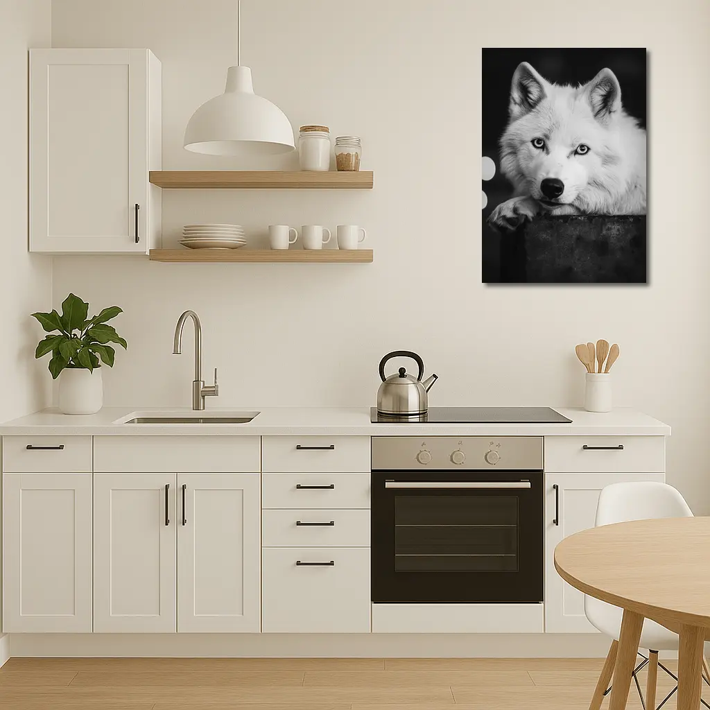 White Wolf Close Up Black White Portrait – Wall Art