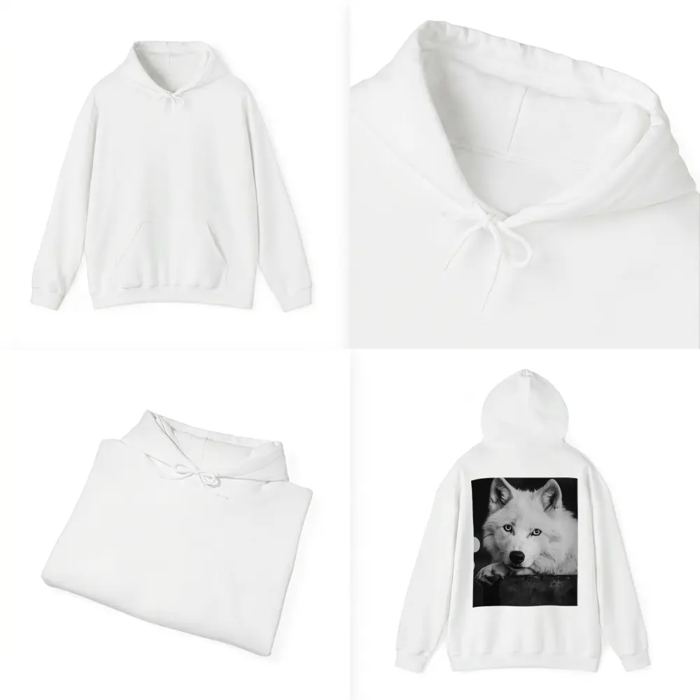 White Wolf Close Up Black White Portrait – Hoodies