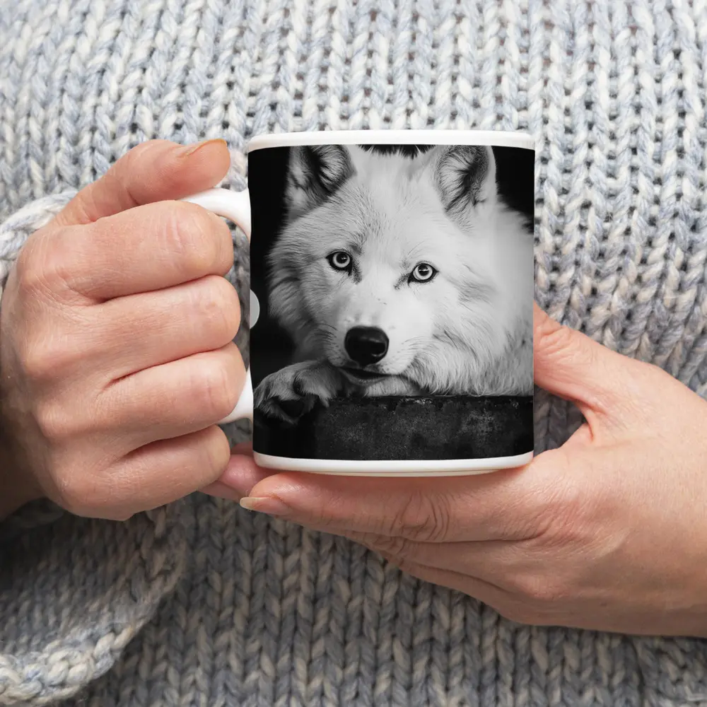 White Wolf Close Up Black White Portrait – Mugs