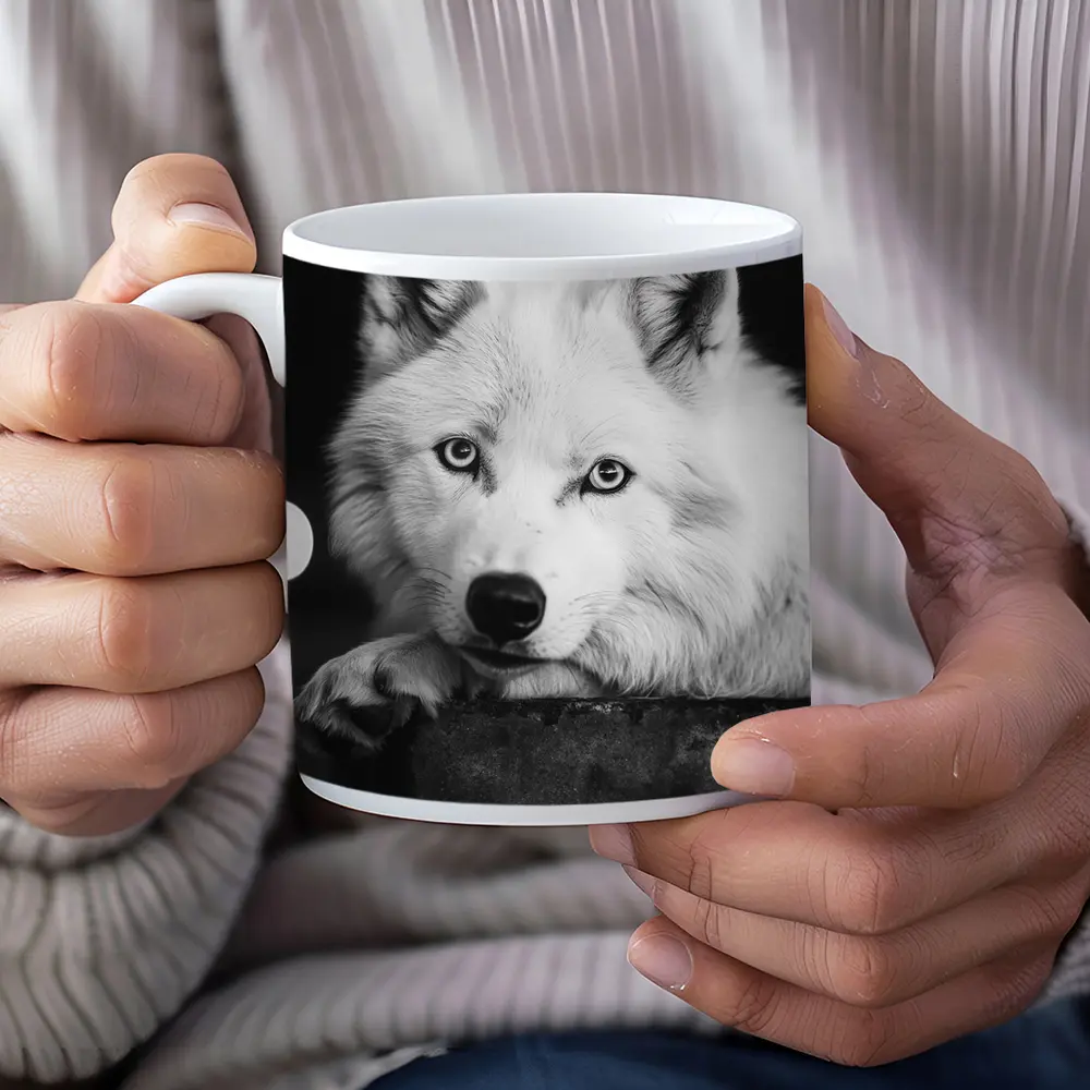 White Wolf Close Up Black White Portrait – Mugs
