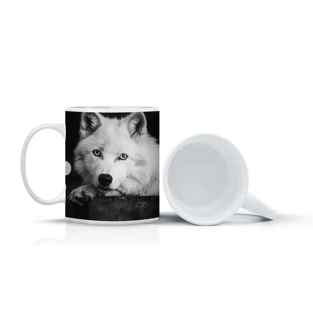 White Wolf Close Up Black White Portrait – Mugs
