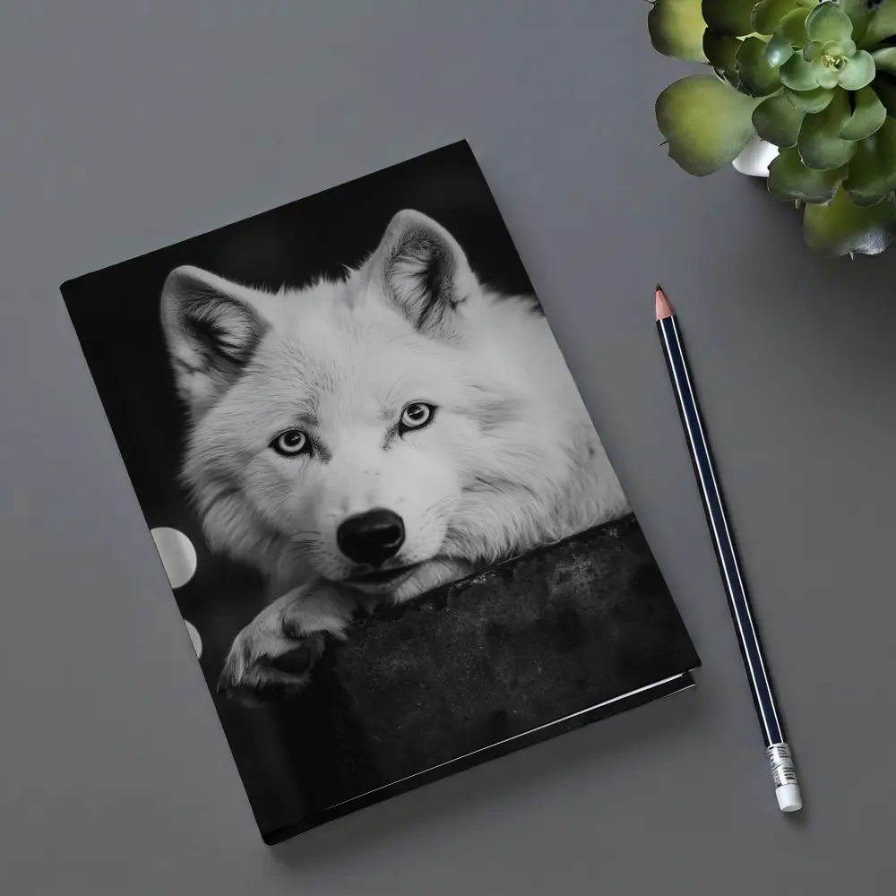 White Wolf Close Up Black White Portrait – Notebooks