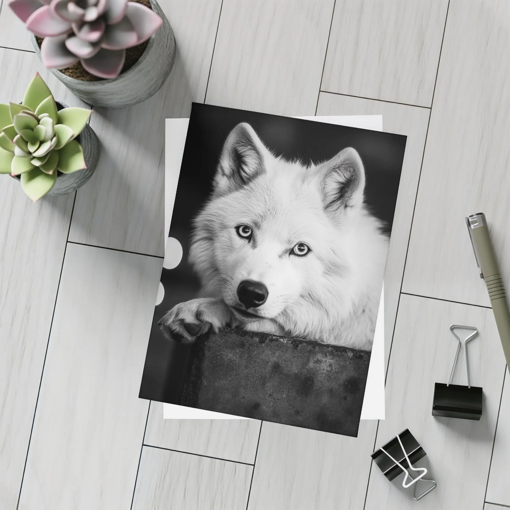 White Wolf Close Up Black White Portrait – Postcards