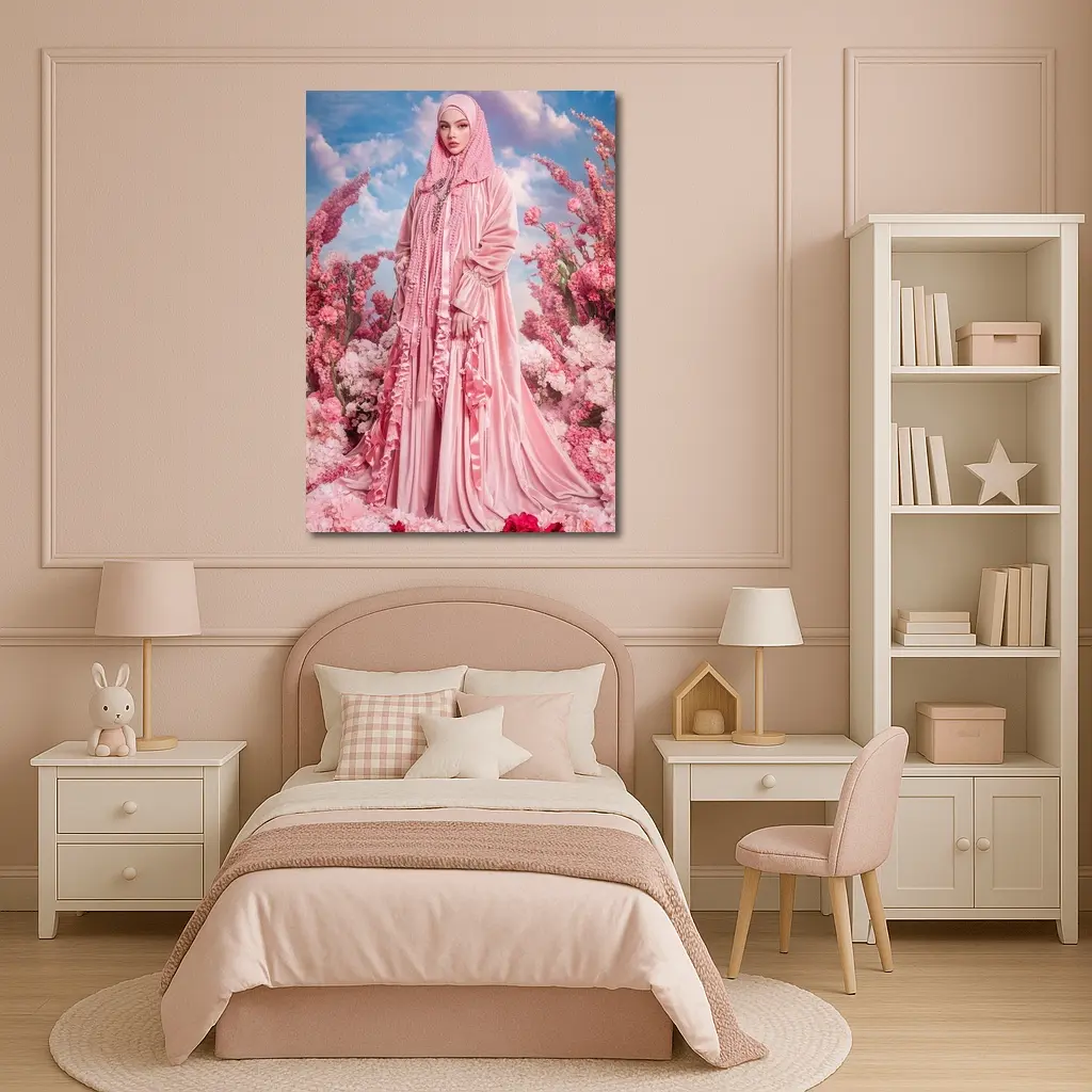 Pink Hijab Fashion Portrait Floral Background – Wall Art