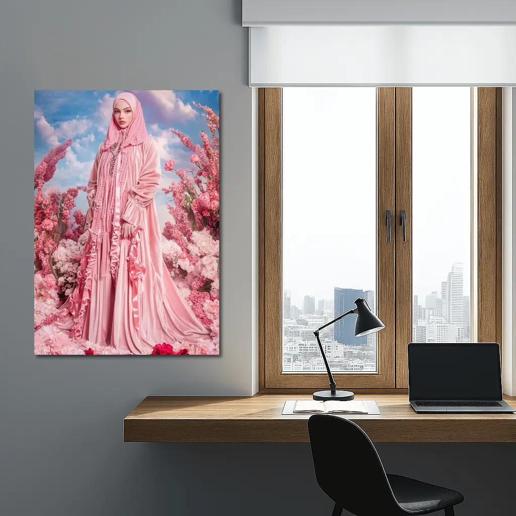 Pink Hijab Fashion Portrait Floral Background – Wall Art