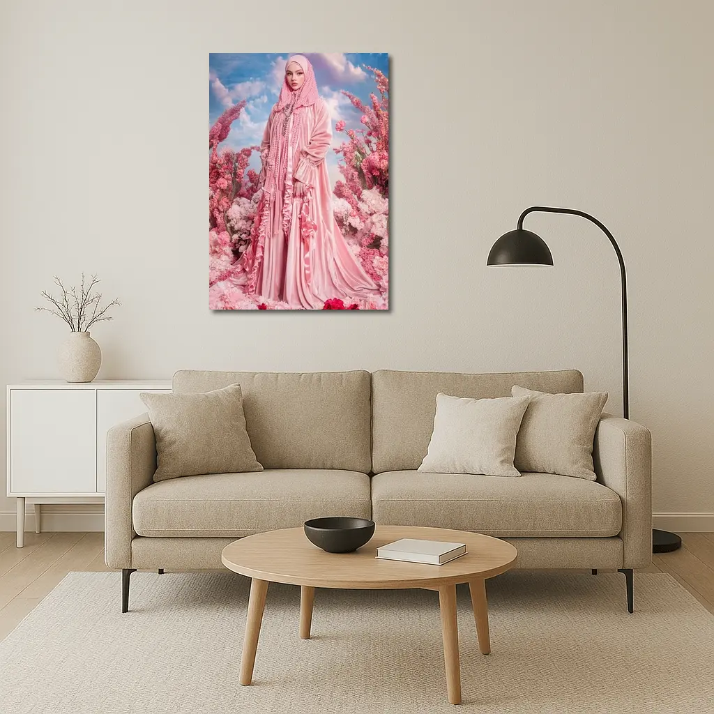 Pink Hijab Fashion Portrait Floral Background – Wall Art