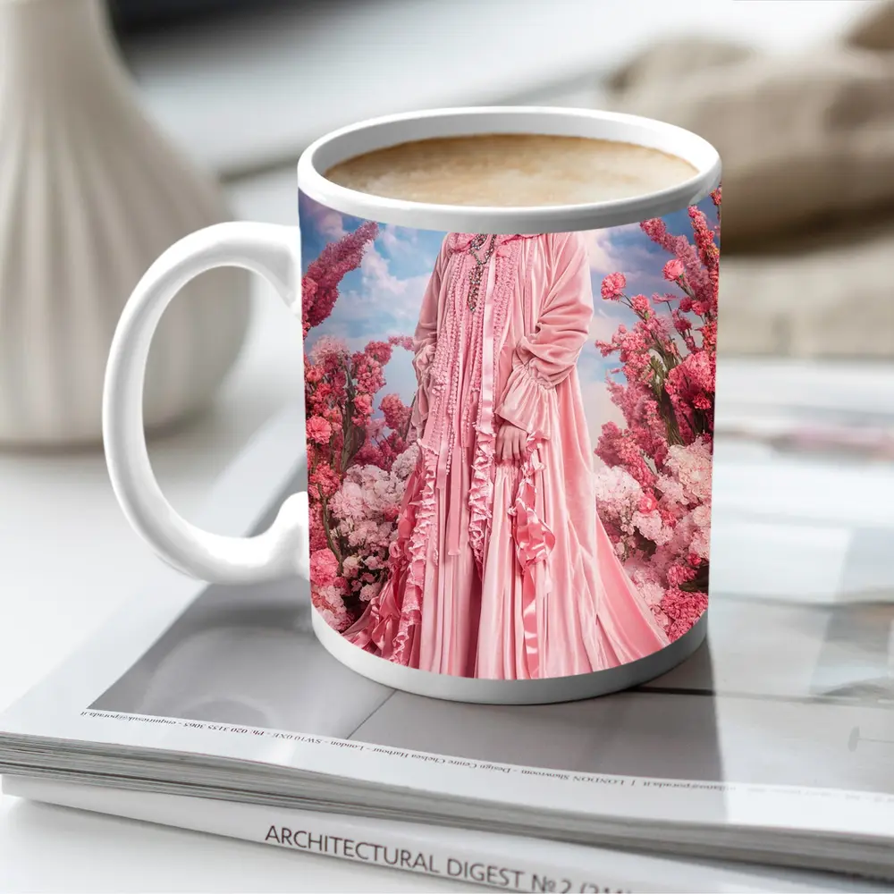 Pink Hijab Fashion Portrait Floral Background – Mugs