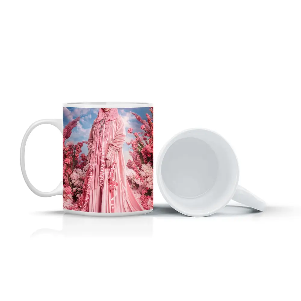 Pink Hijab Fashion Portrait Floral Background – Mugs