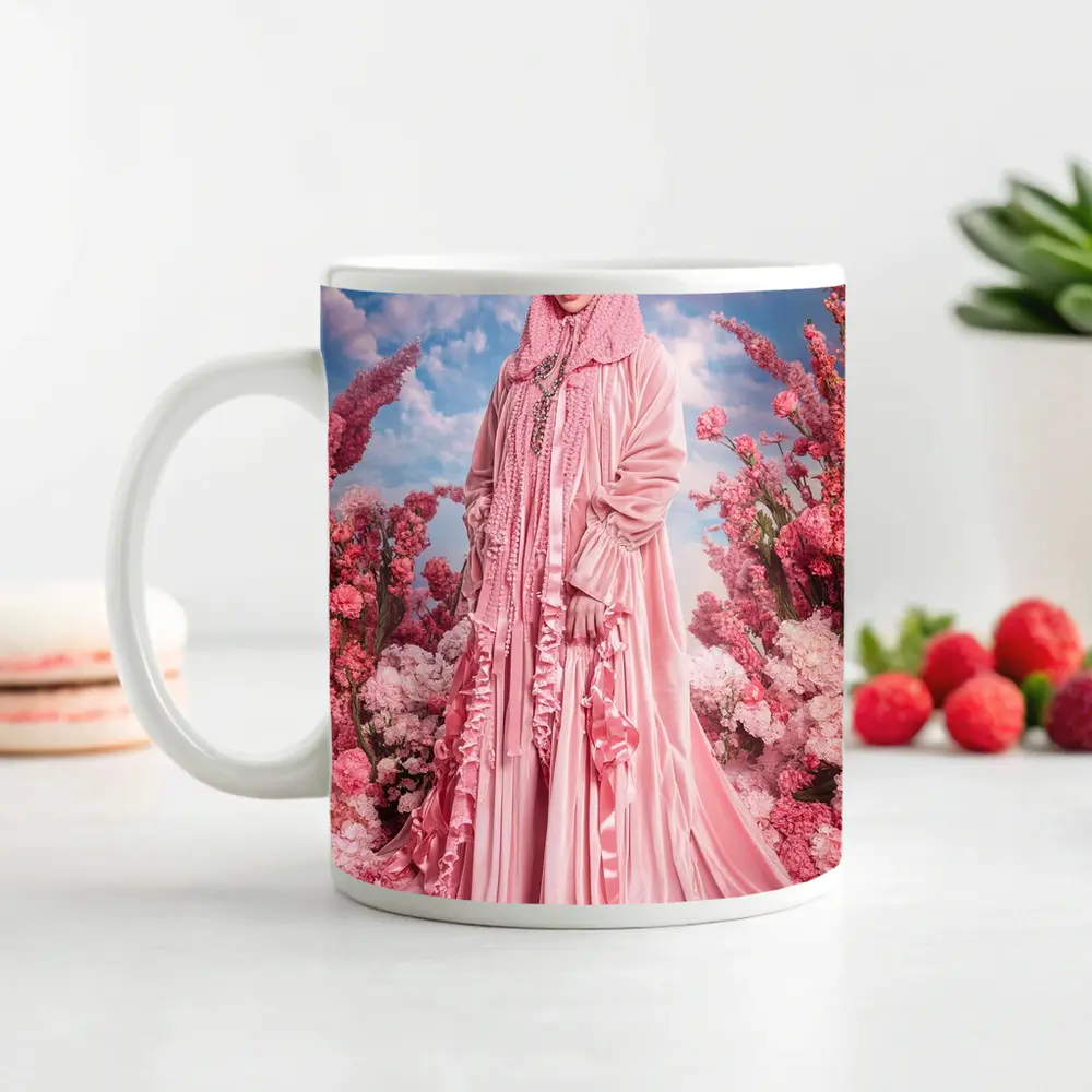 Pink Hijab Fashion Portrait Floral Background – Mugs