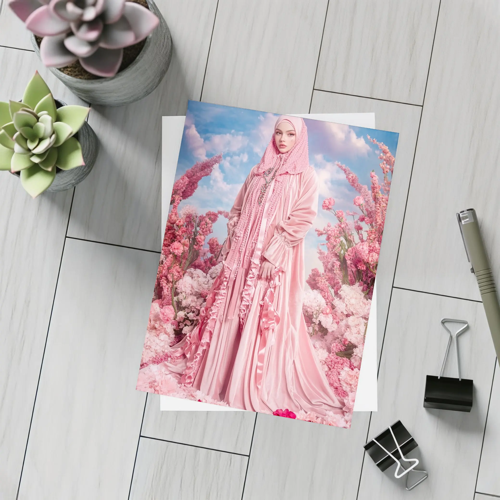 Pink Hijab Fashion Portrait Floral Background – Postcards