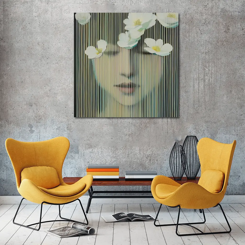 Woman Face White Flowers Striped Abstract Art – Wall Art