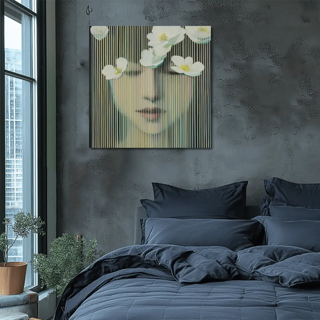 Woman Face White Flowers Striped Abstract Art – Wall Art