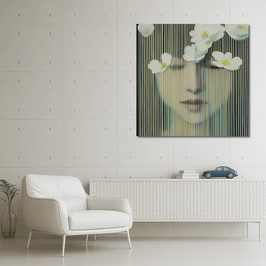 Woman Face White Flowers Striped Abstract Art – Wall Art