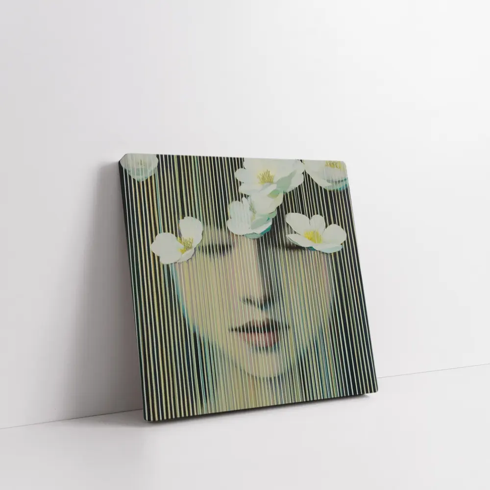 Woman Face White Flowers Striped Abstract Art – Wall Art