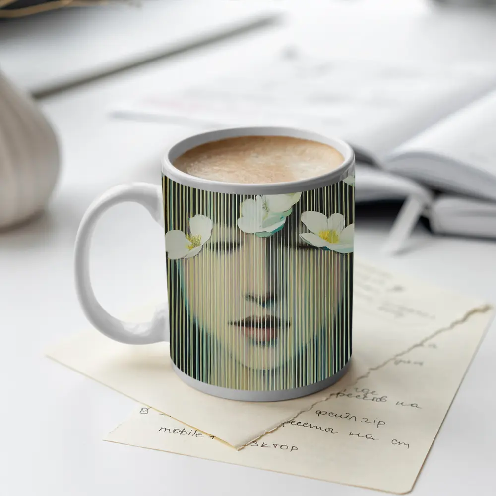 Woman Face White Flowers Striped Abstract Art – Mugs