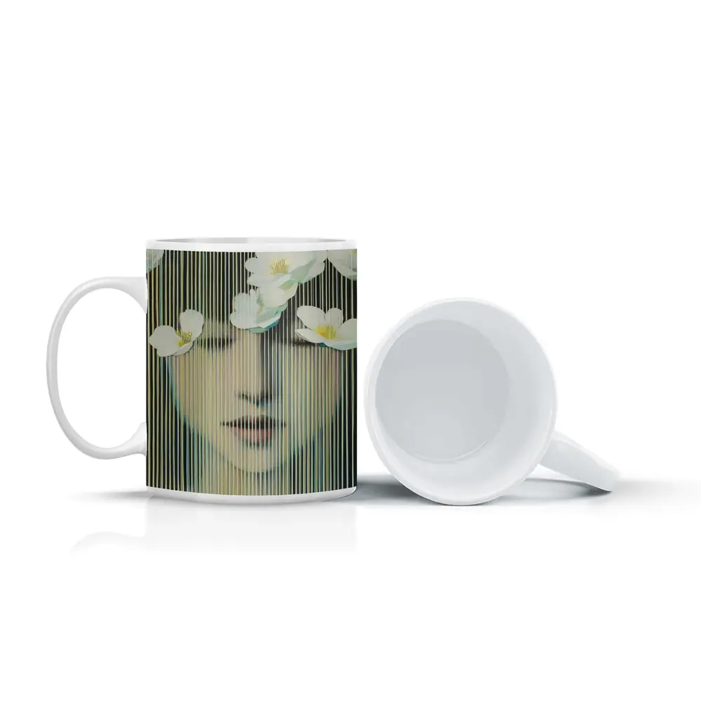 Woman Face White Flowers Striped Abstract Art – Mugs