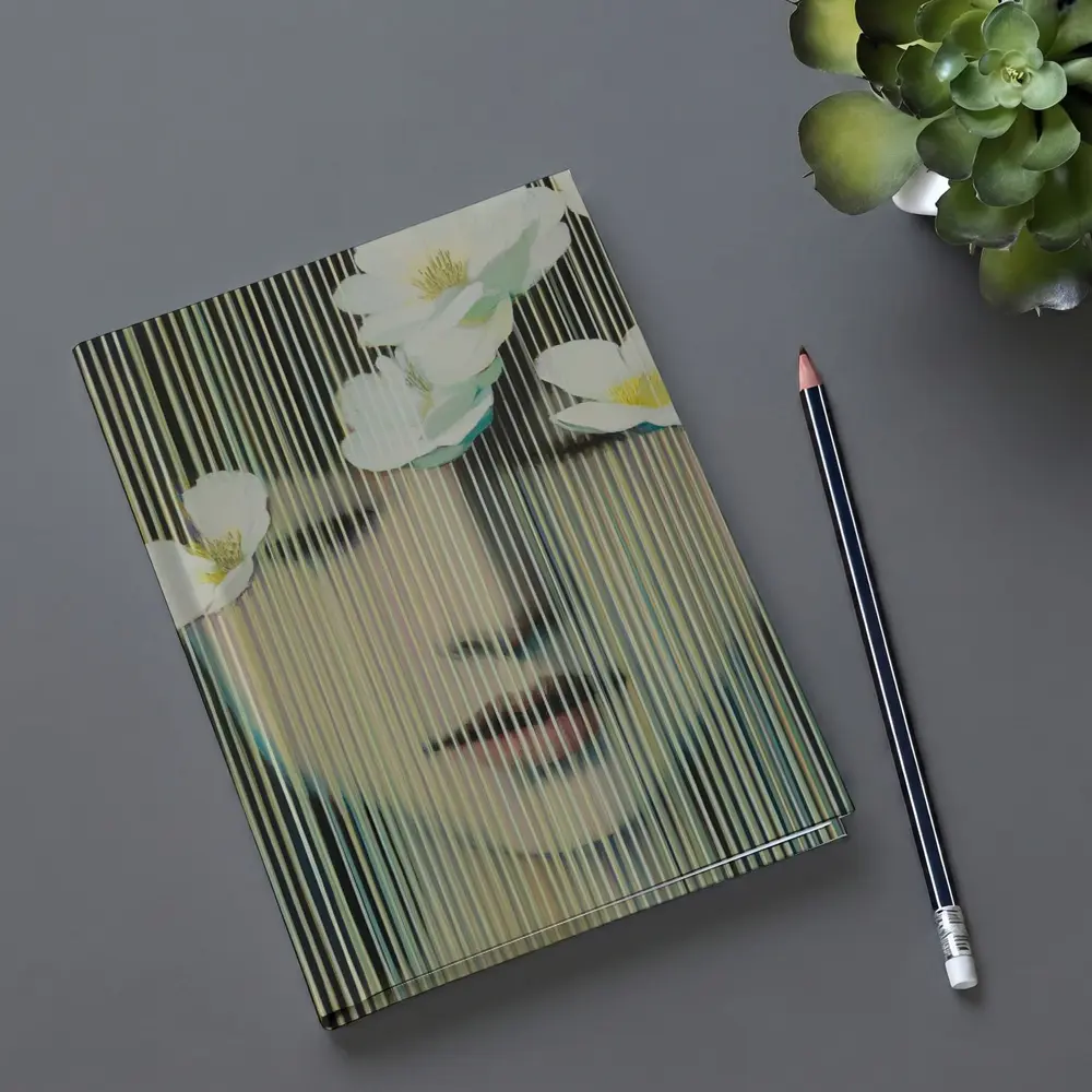 Woman Face White Flowers Striped Abstract Art – Notebooks