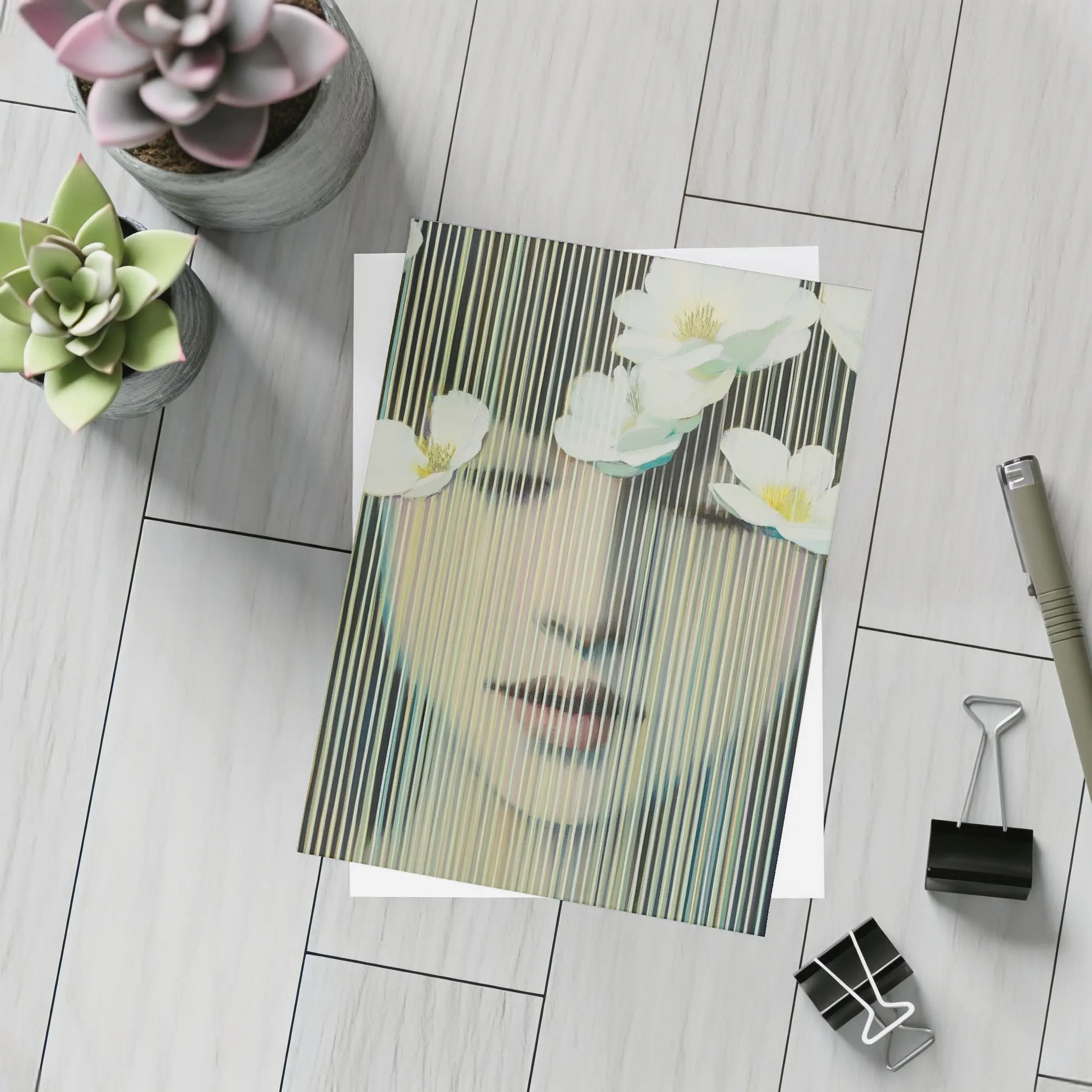 Woman Face White Flowers Striped Abstract Art – Postcards