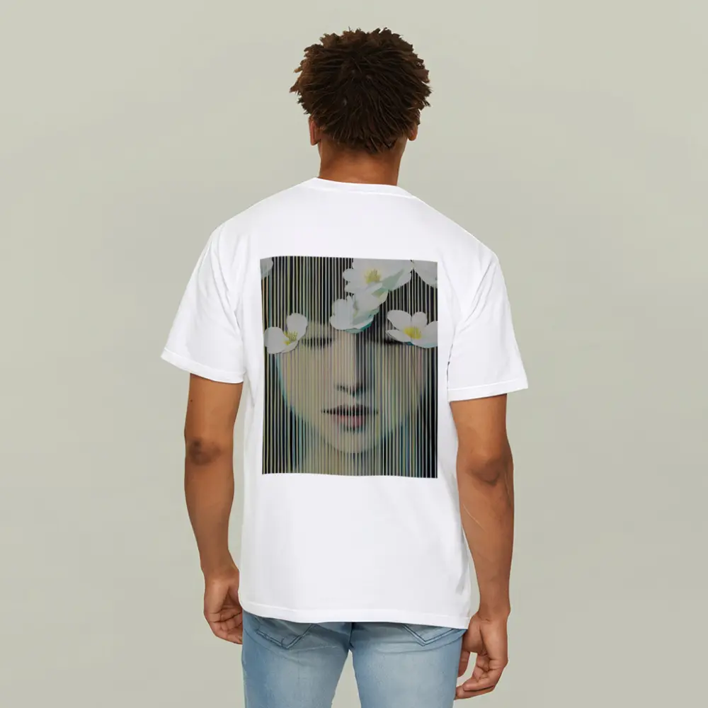 Woman Face White Flowers Striped Abstract Art – T-Shirts