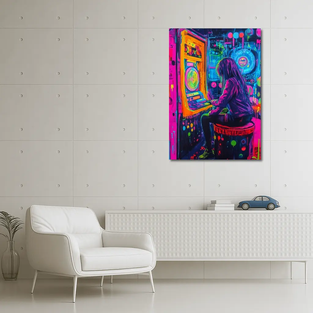Neon Girl Playing Arcade Game Graffiti Art – Wall Art
