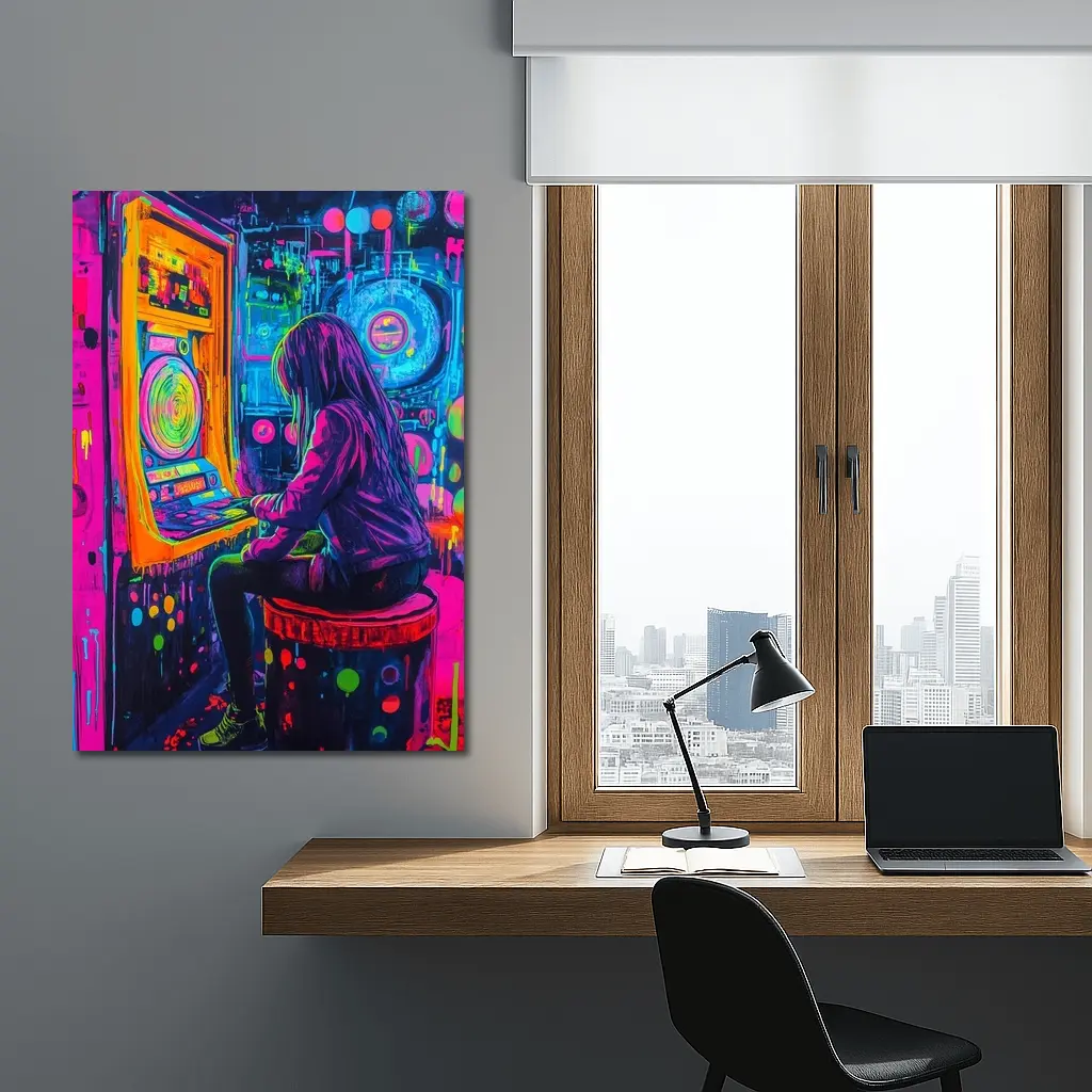 Neon Girl Playing Arcade Game Graffiti Art – Wall Art