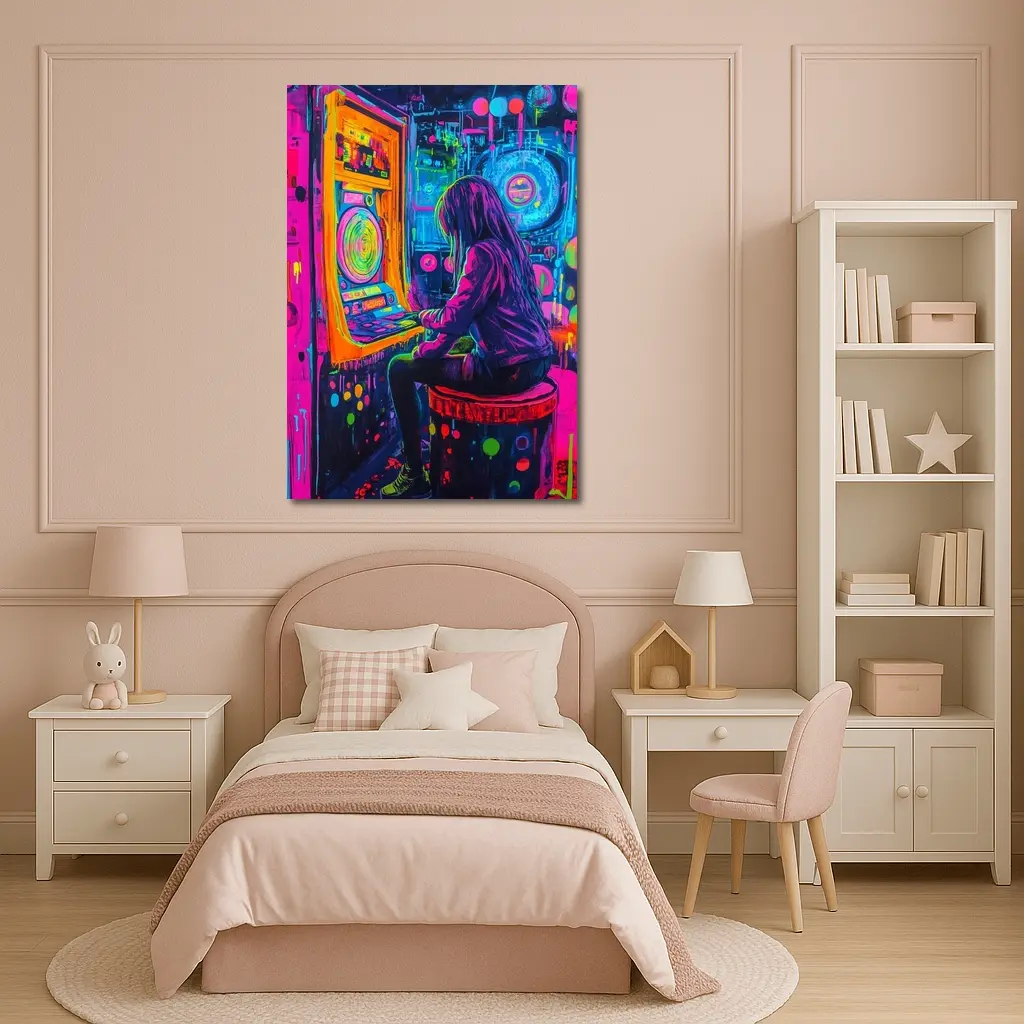 Neon Girl Playing Arcade Game Graffiti Art – Wall Art