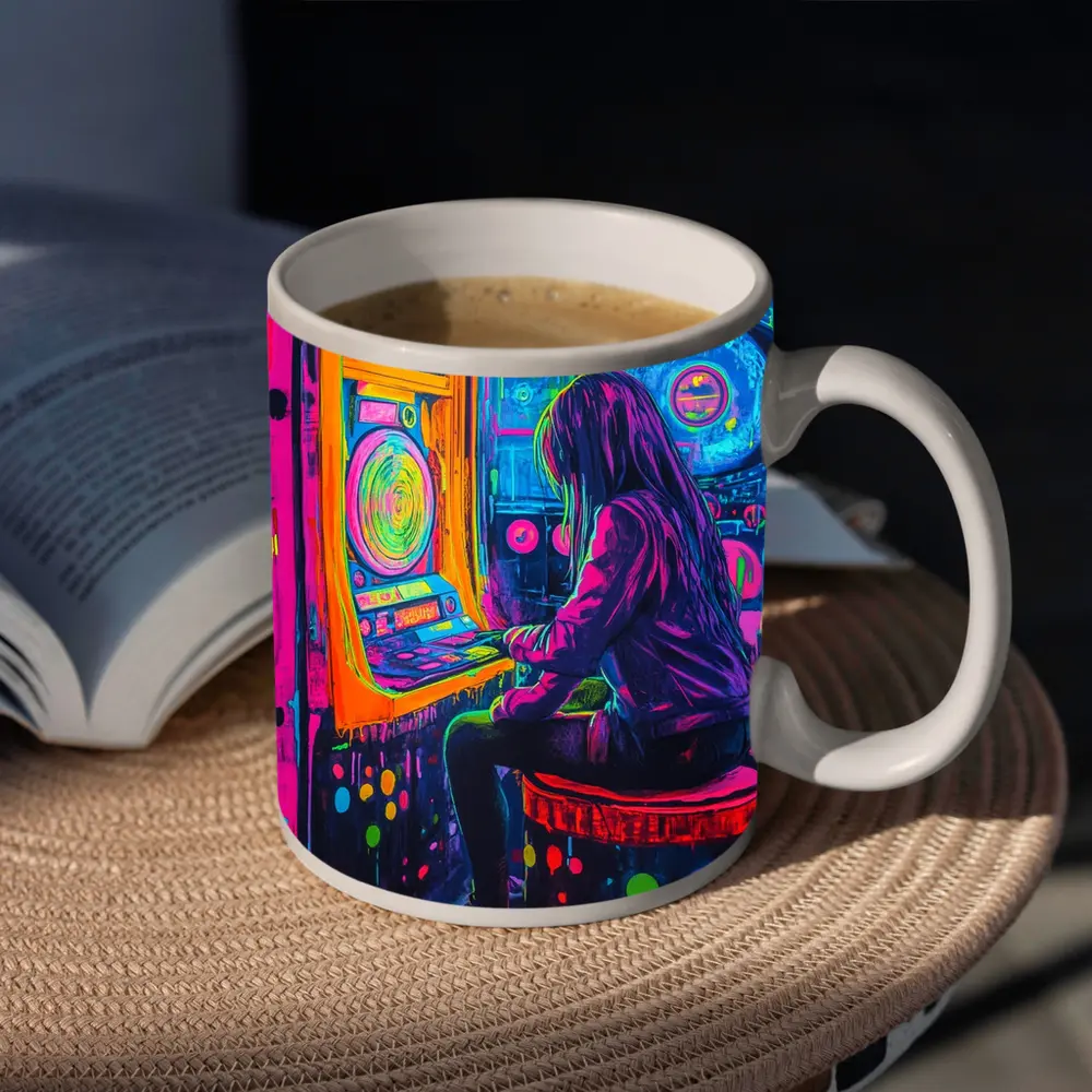 Neon Girl Playing Arcade Game Graffiti Art – Mugs