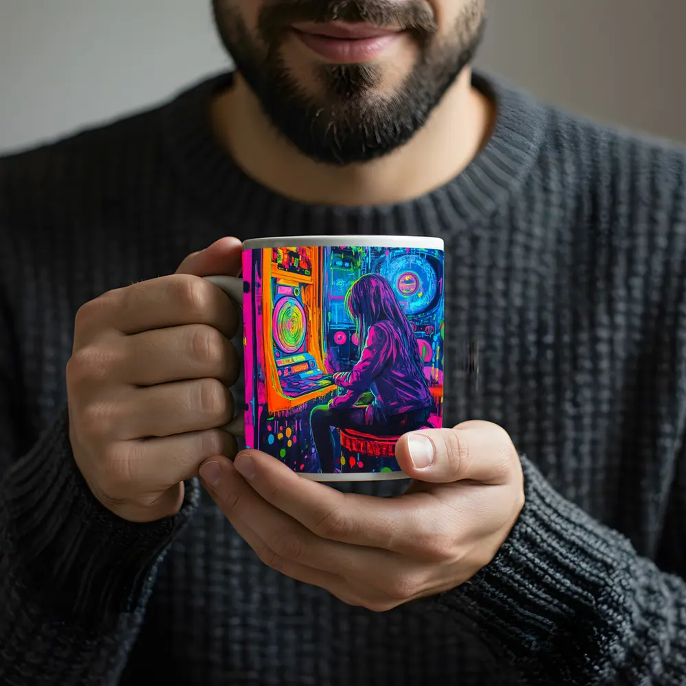 Neon Girl Playing Arcade Game Graffiti Art – Mugs