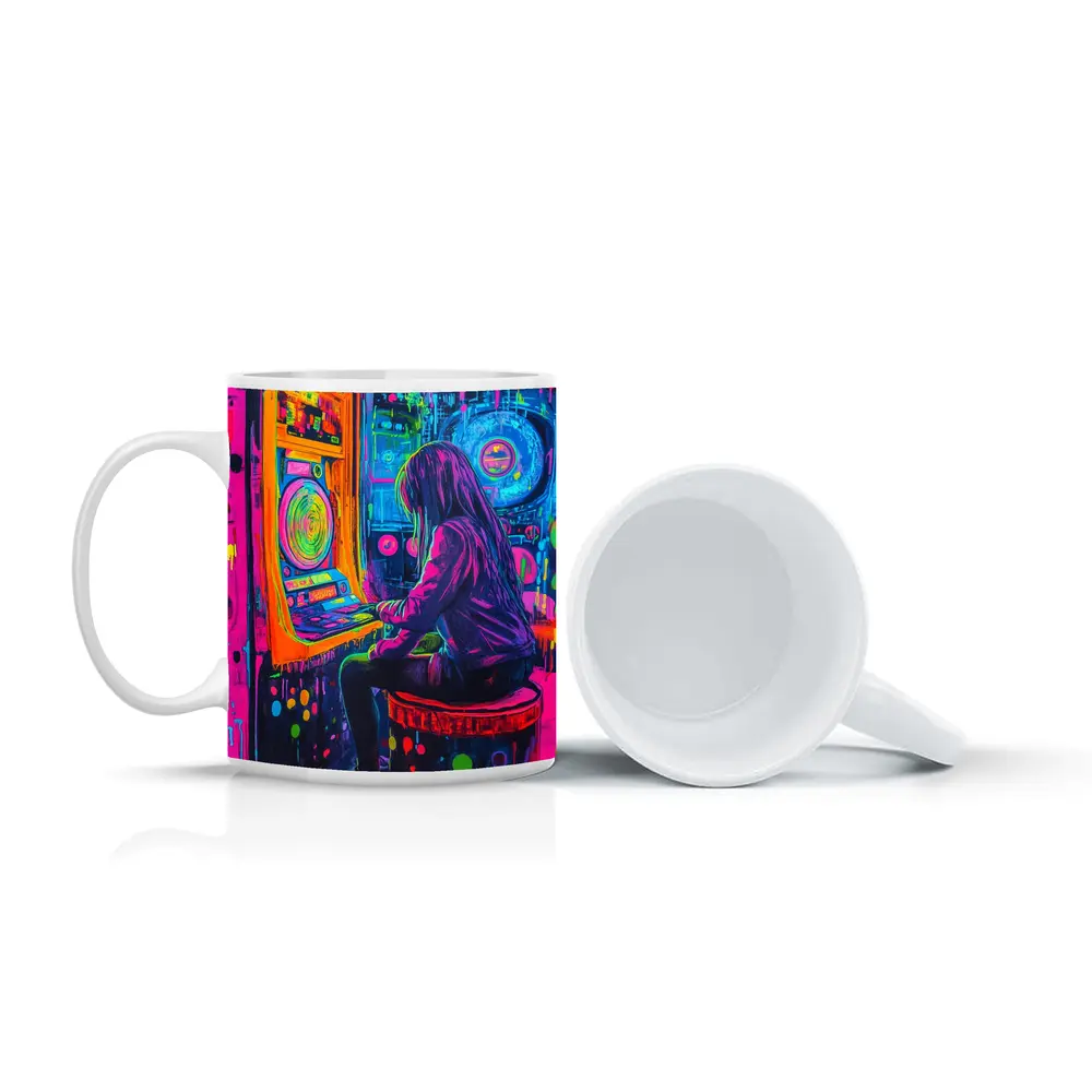 Neon Girl Playing Arcade Game Graffiti Art – Mugs