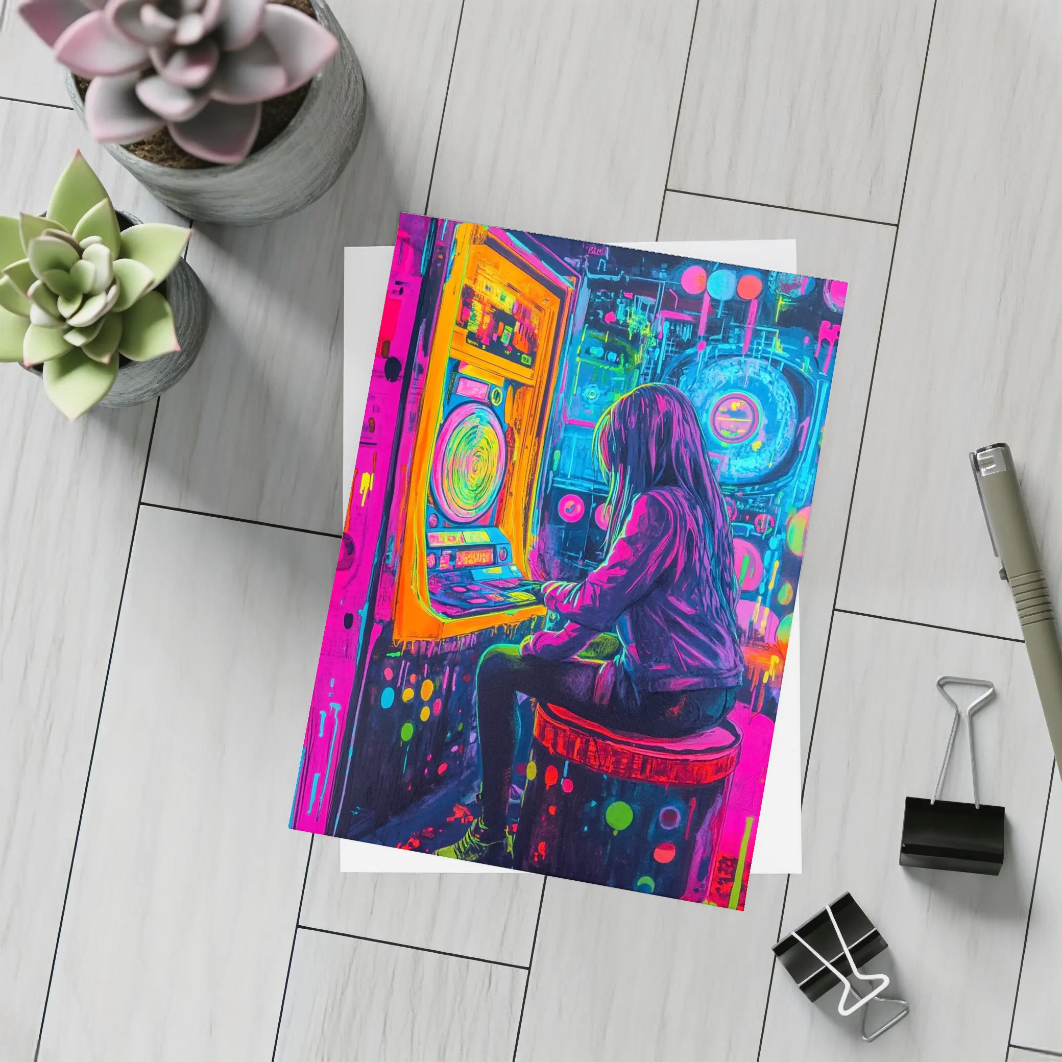 Neon Girl Playing Arcade Game Graffiti Art – Postcards