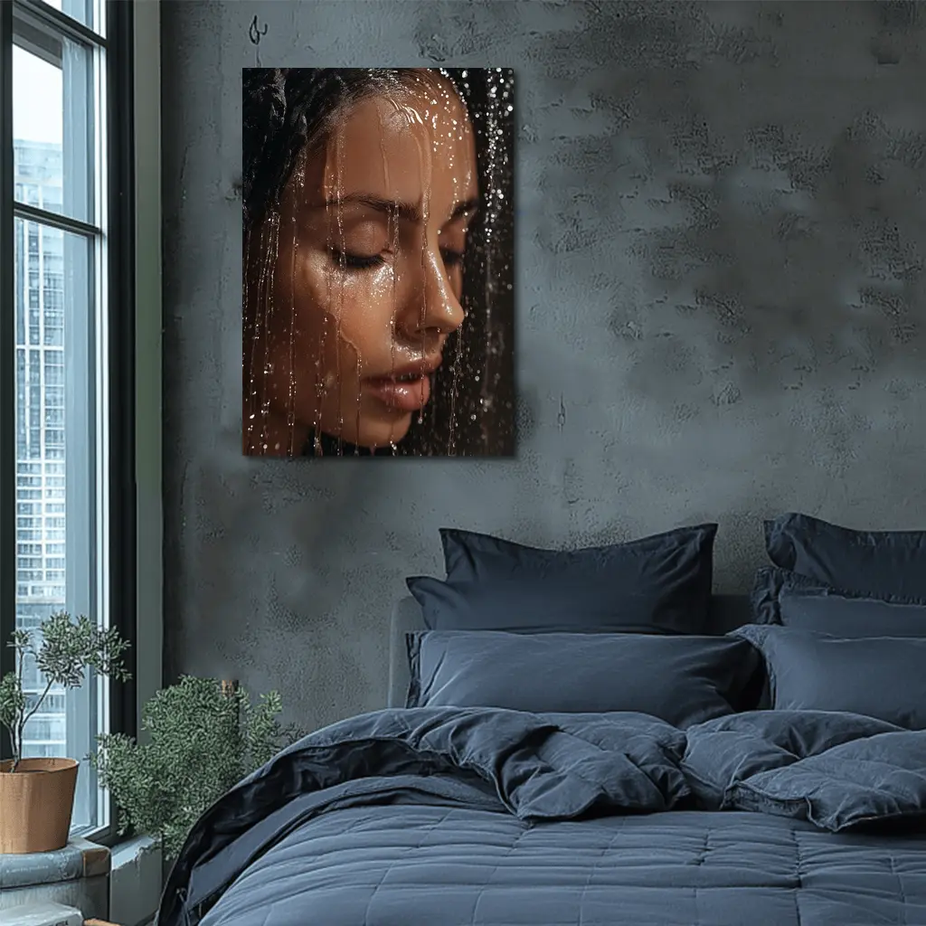 Woman Face Wet Water Drops Close Up – Wall Art