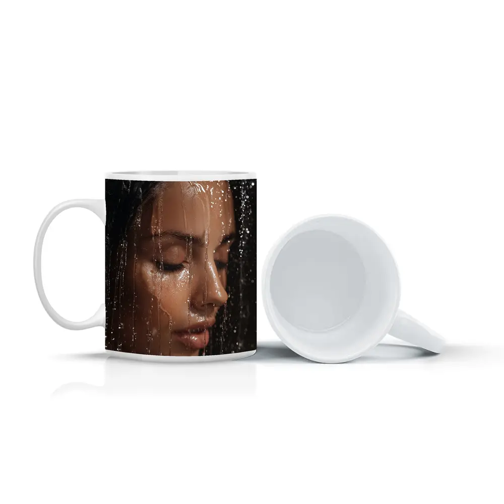 Woman Face Wet Water Drops Close Up – Mugs