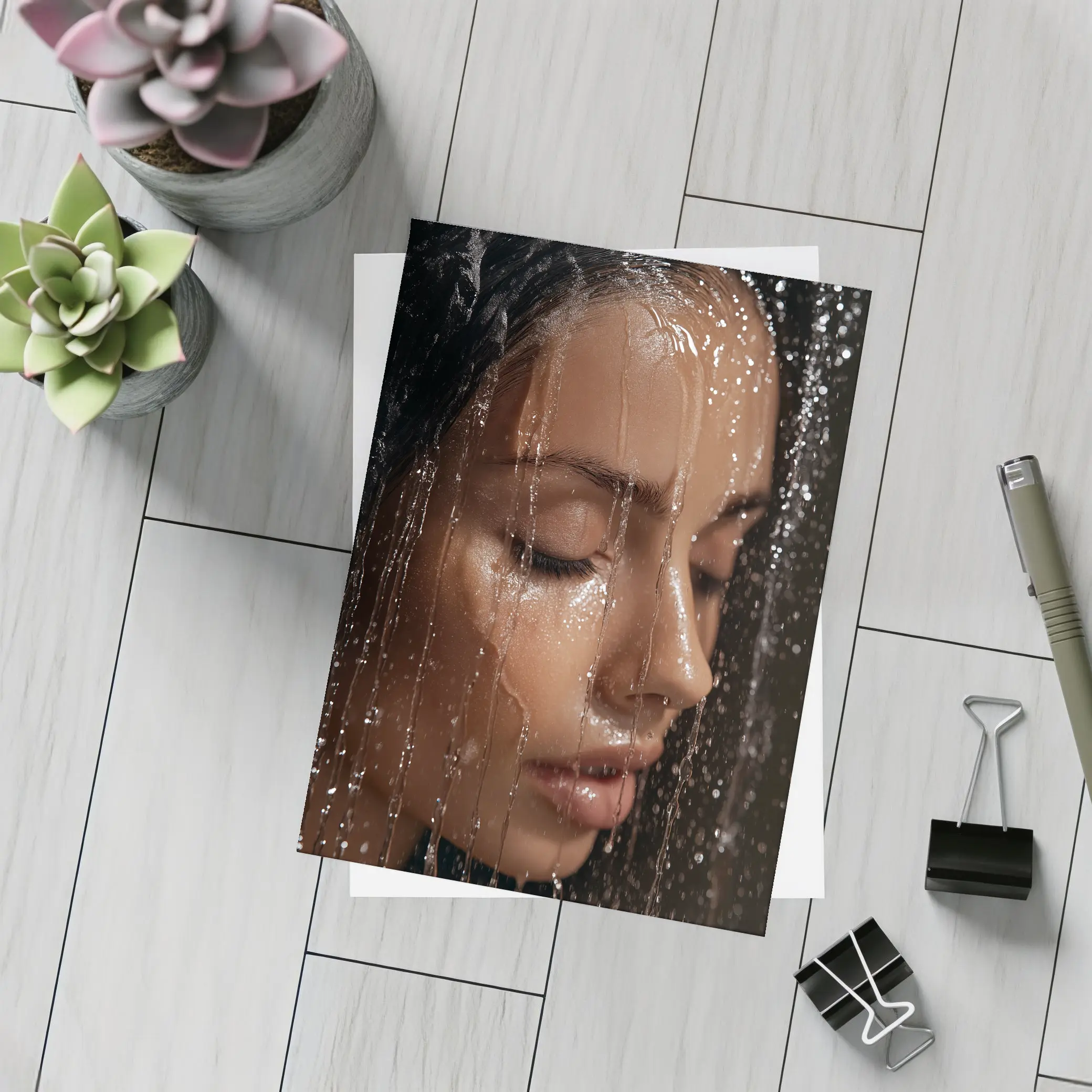 Woman Face Wet Water Drops Close Up – Postcards