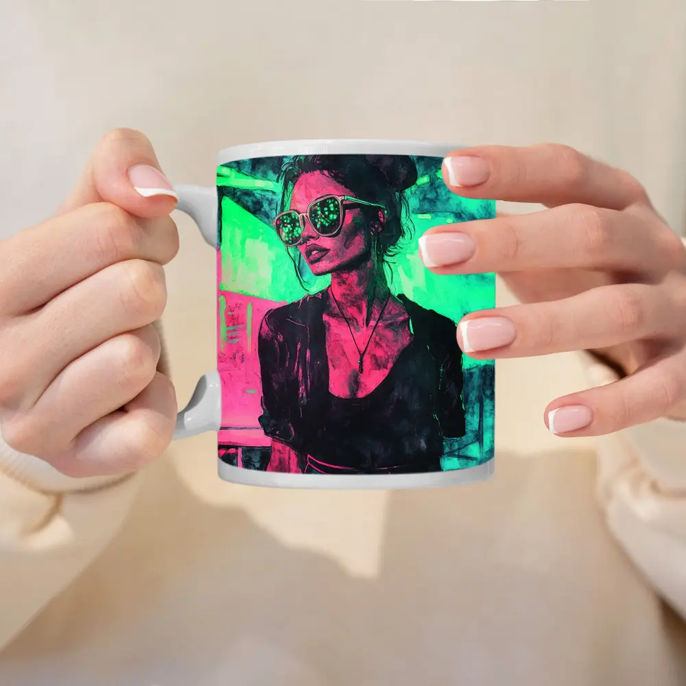 Neon City Night Woman Sunglasses Art – Mugs