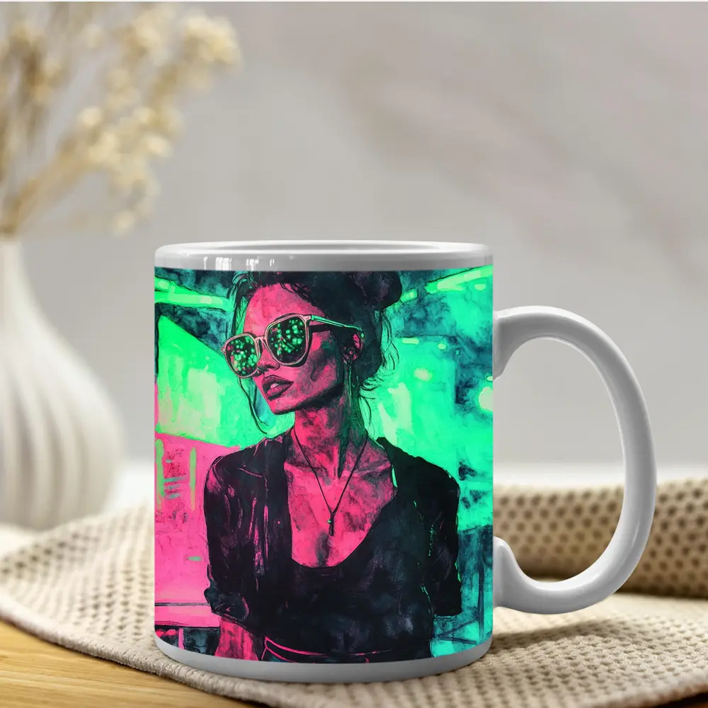 Neon City Night Woman Sunglasses Art – Mugs