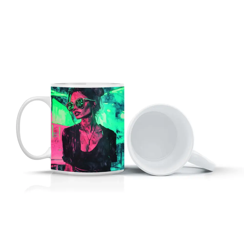 Neon City Night Woman Sunglasses Art – Mugs