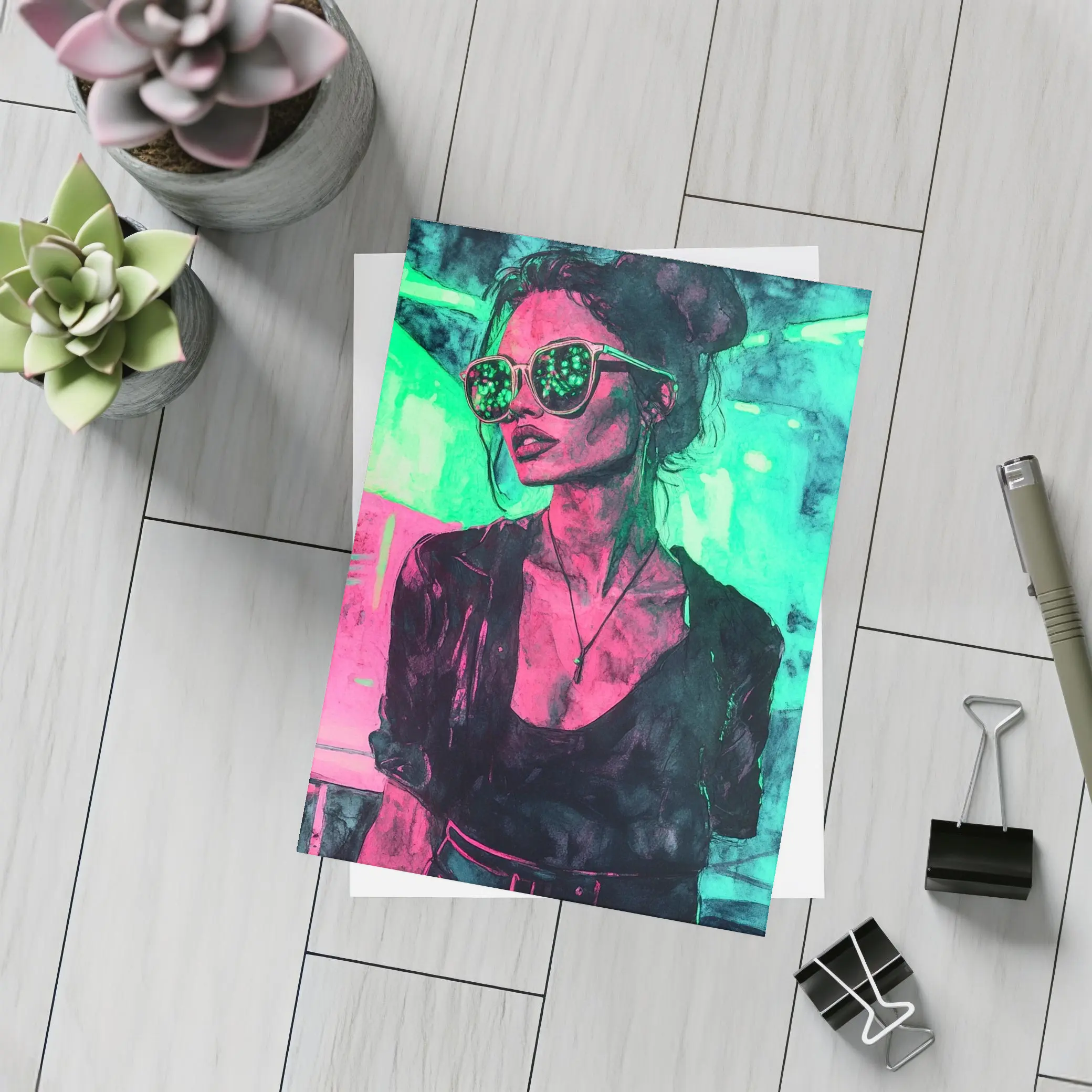 Neon City Night Woman Sunglasses Art – Postcards