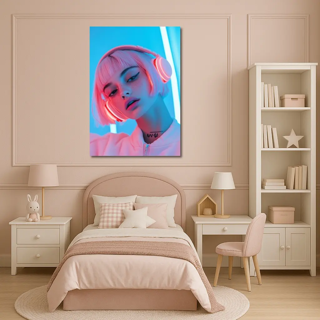 Pink Hair Girl Neon Blue Light Portrait – Wall Art