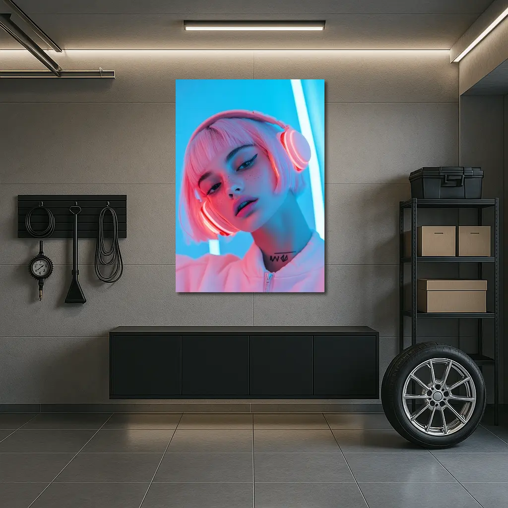 Pink Hair Girl Neon Blue Light Portrait – Wall Art