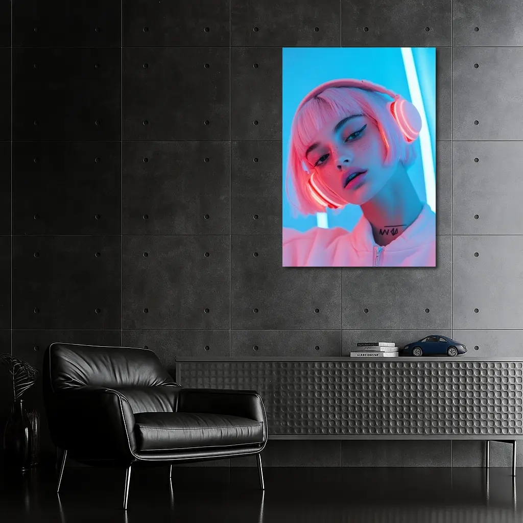 Pink Hair Girl Neon Blue Light Portrait – Wall Art