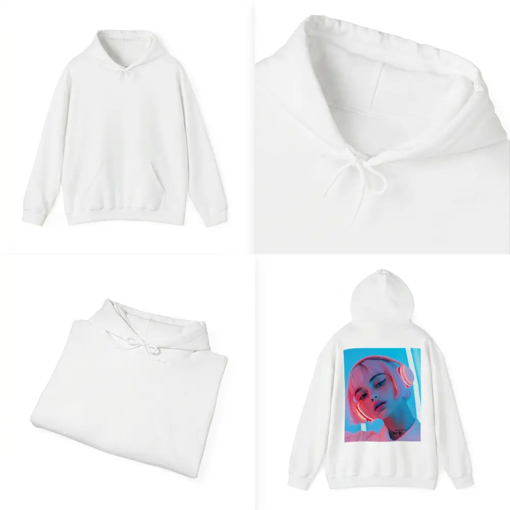 Pink Hair Girl Neon Blue Light Portrait – Hoodies
