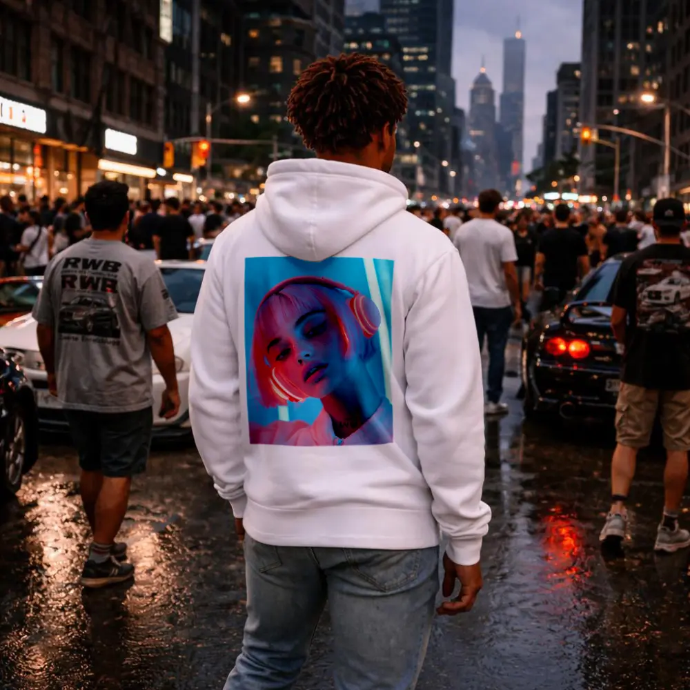Pink Hair Girl Neon Blue Light Portrait – Hoodies