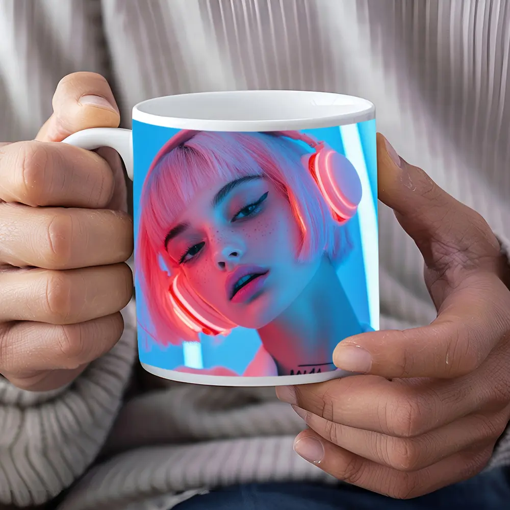 Pink Hair Girl Neon Blue Light Portrait – Mugs