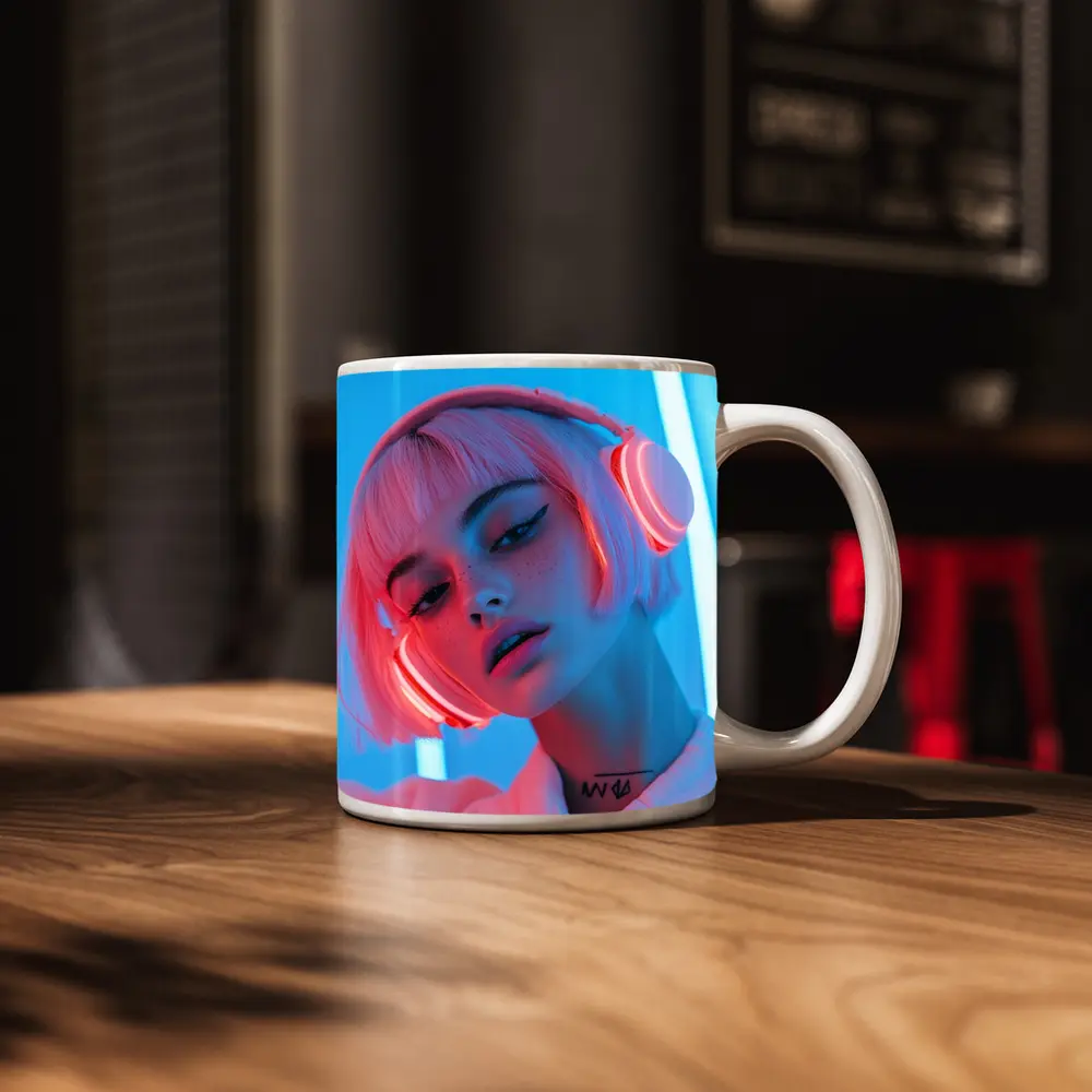 Pink Hair Girl Neon Blue Light Portrait – Mugs