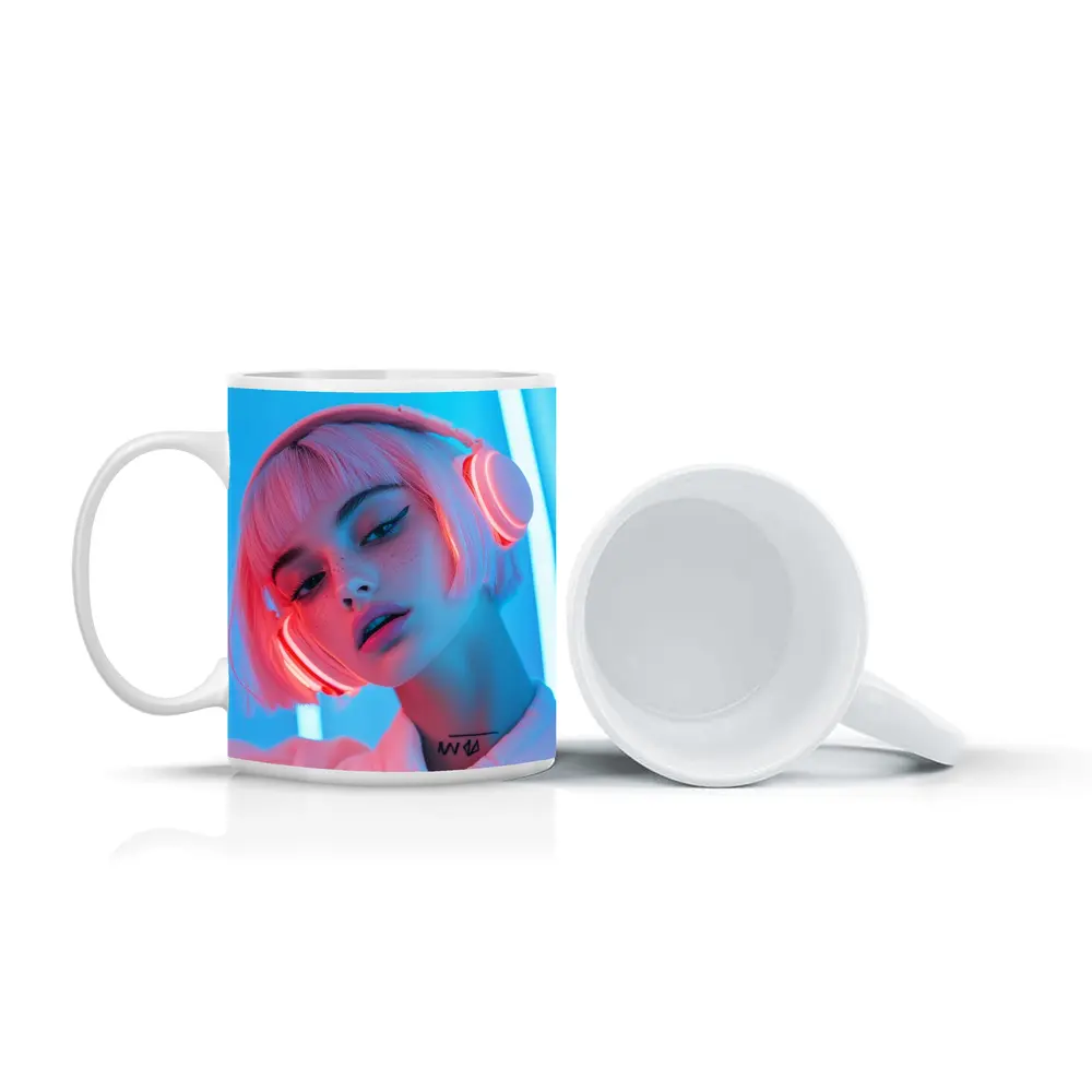 Pink Hair Girl Neon Blue Light Portrait – Mugs