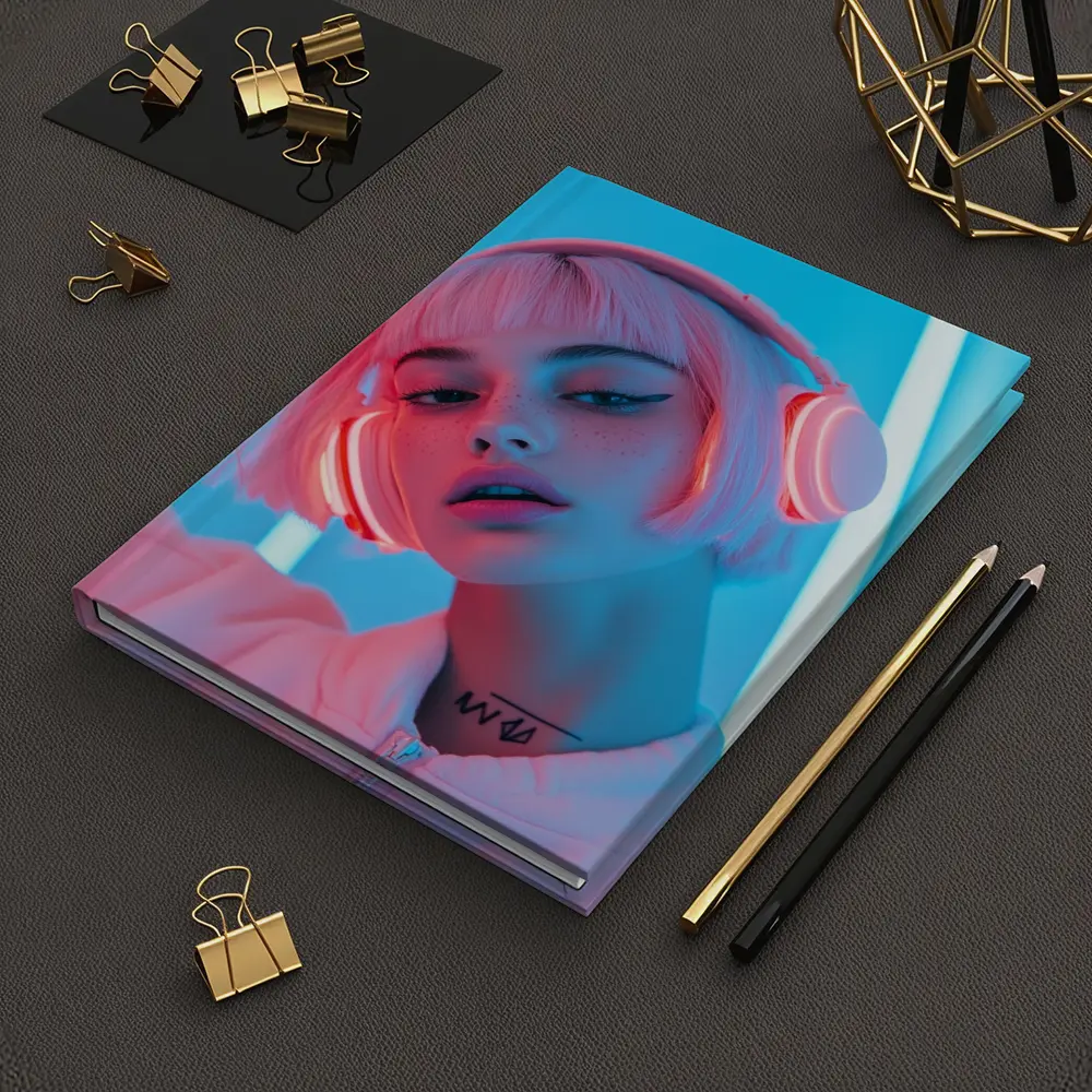 Pink Hair Girl Neon Blue Light Portrait – Notebooks