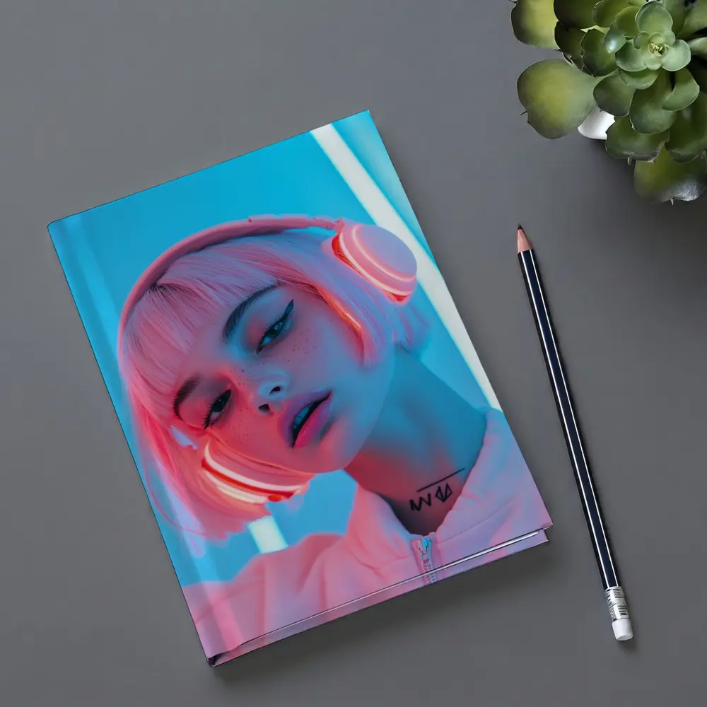 Pink Hair Girl Neon Blue Light Portrait – Notebooks