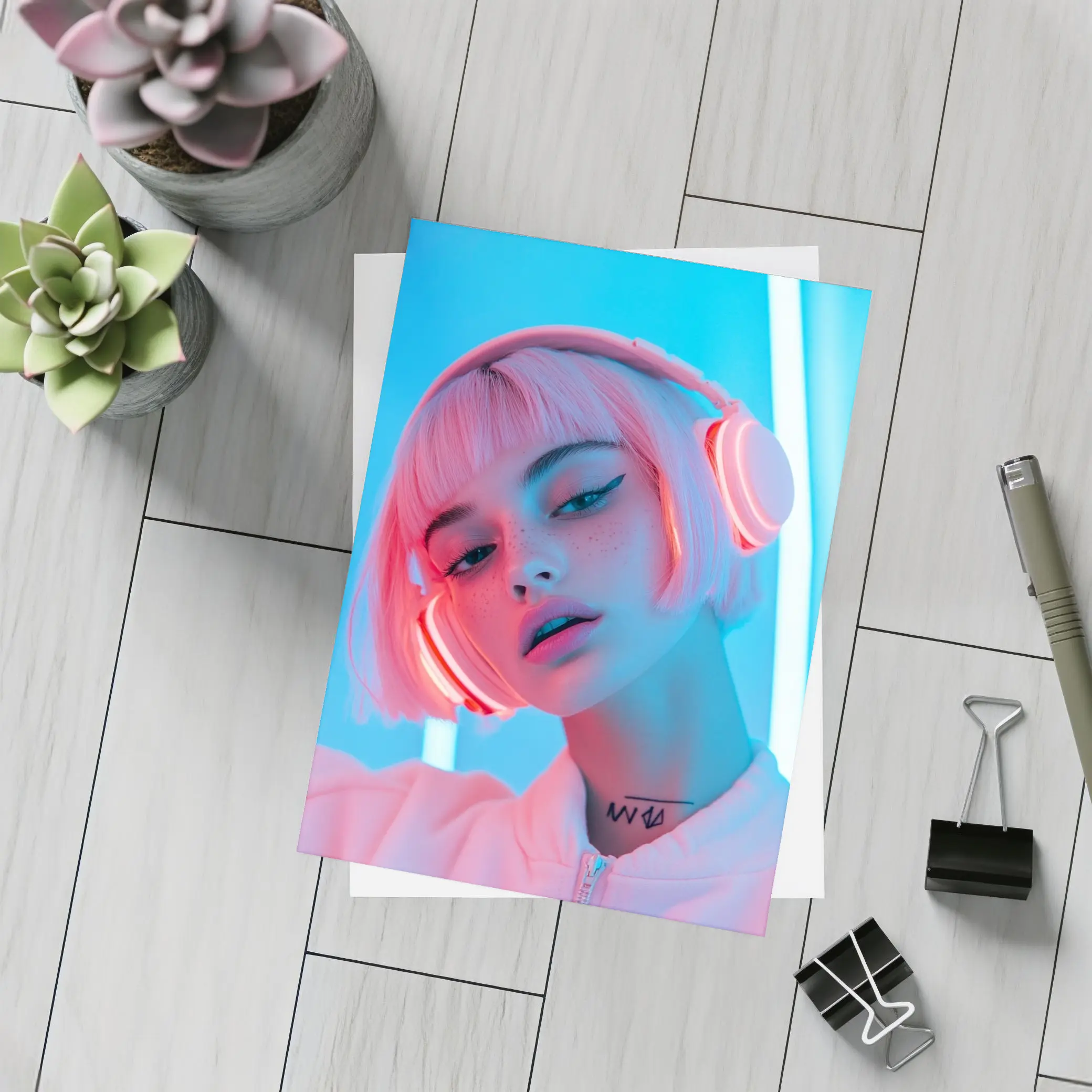 Pink Hair Girl Neon Blue Light Portrait – Postcards