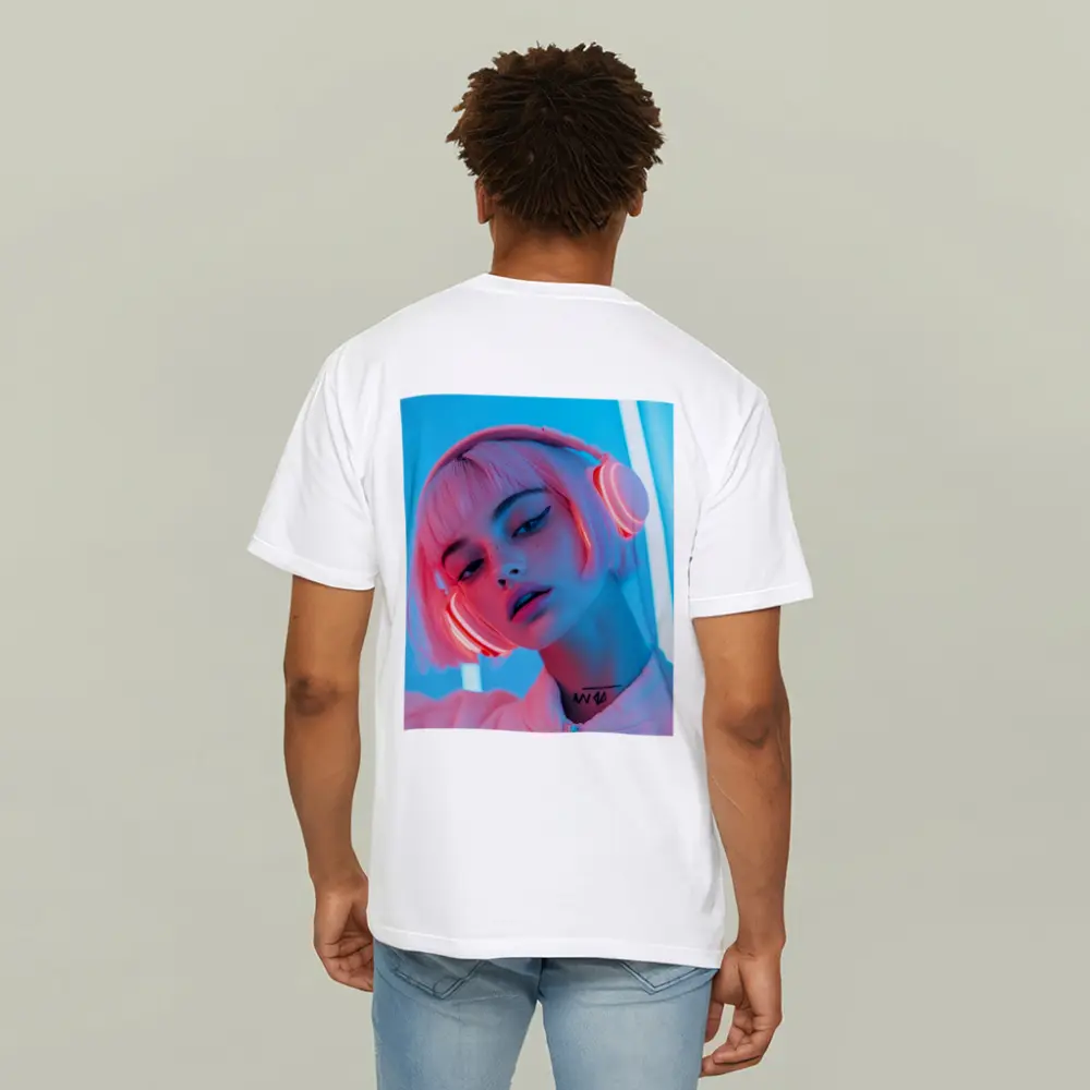 Pink Hair Girl Neon Blue Light Portrait – T-Shirts